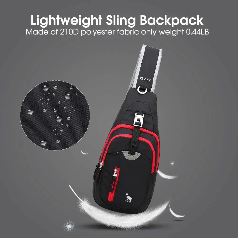 Crossbody sling bag, black polyester with red zipper pockets, single strap lightweight travel chest pack