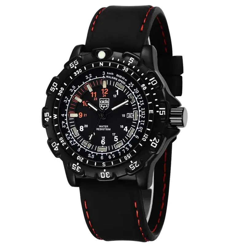 Addies military wristwatch with black case and strap, red stitching, and luminous dial