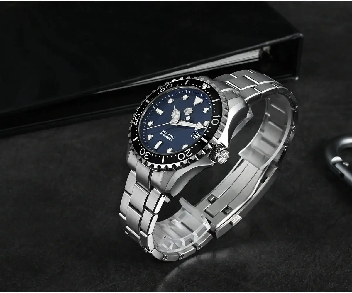 San Martin diver watch with blue dial and stainless steel bracelet