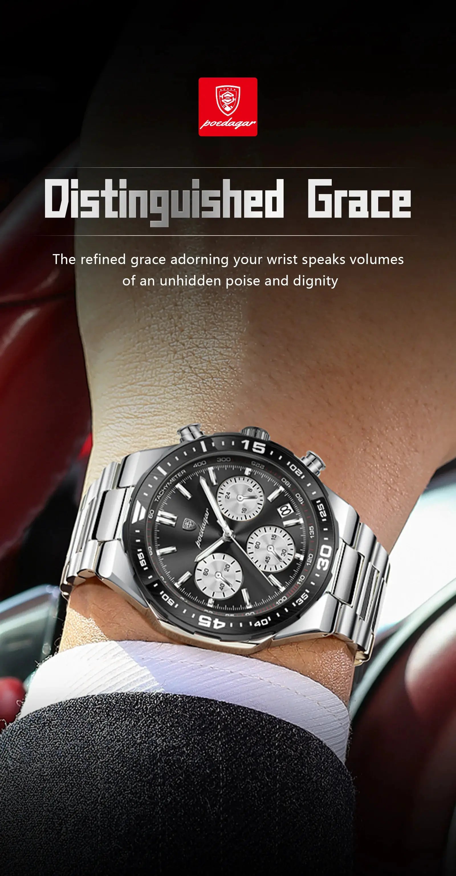 POEDAGAR waterproof stainless steel men's quartz chronograph watch with black dial and silver bracelet