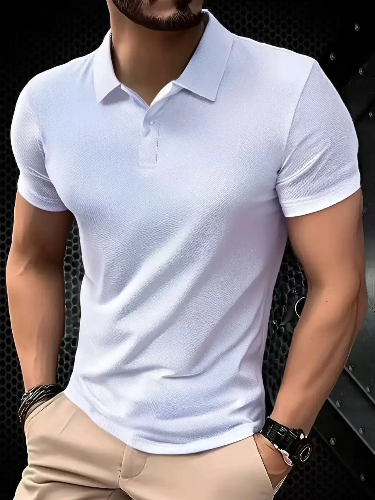 Men's white short-sleeve polo shirt with collar; breathable knit fabric.