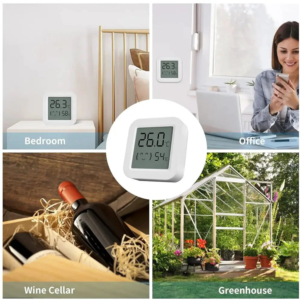 Simples Market Zigbee temp/humidity sensor with LCD, white; shown in bedroom, office, wine cellar, greenhouse.