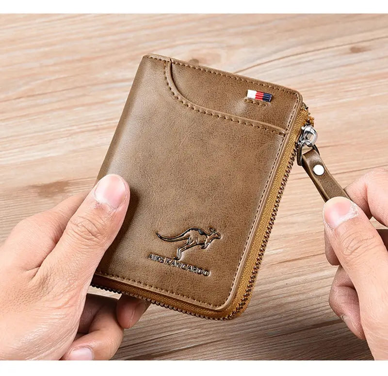 Men's brown leather zip wallet with RFID protection and card holder