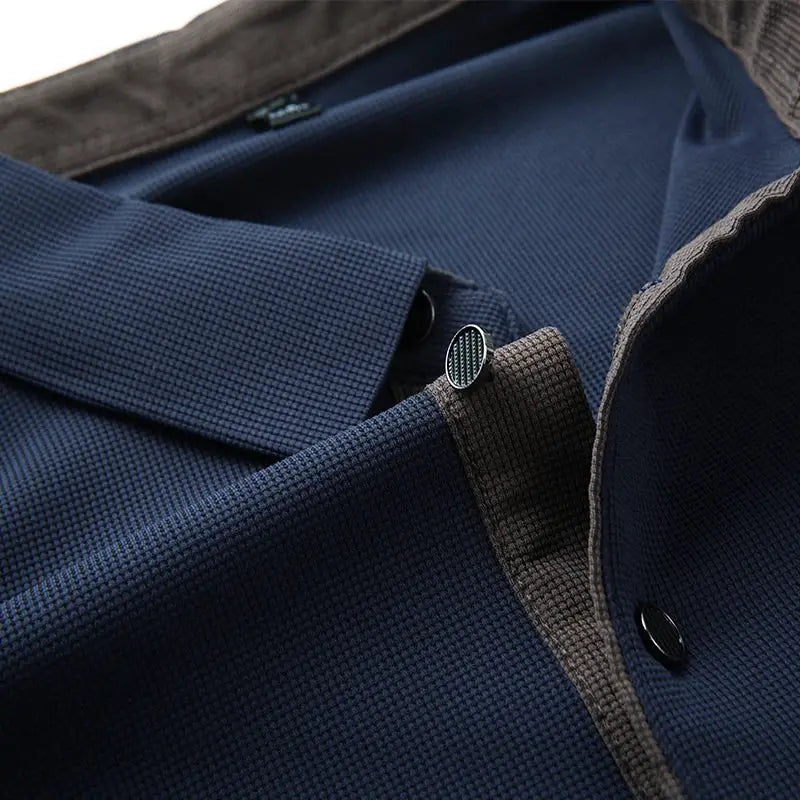Men's navy blue long-sleeve polo shirt with brown trim, textured fabric, Simples Market