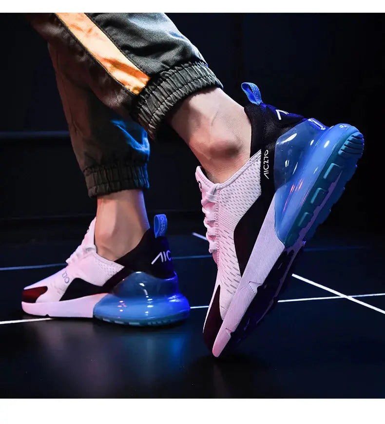 Simples Market men's athletic sneakers with pink mesh upper and blue platform sole