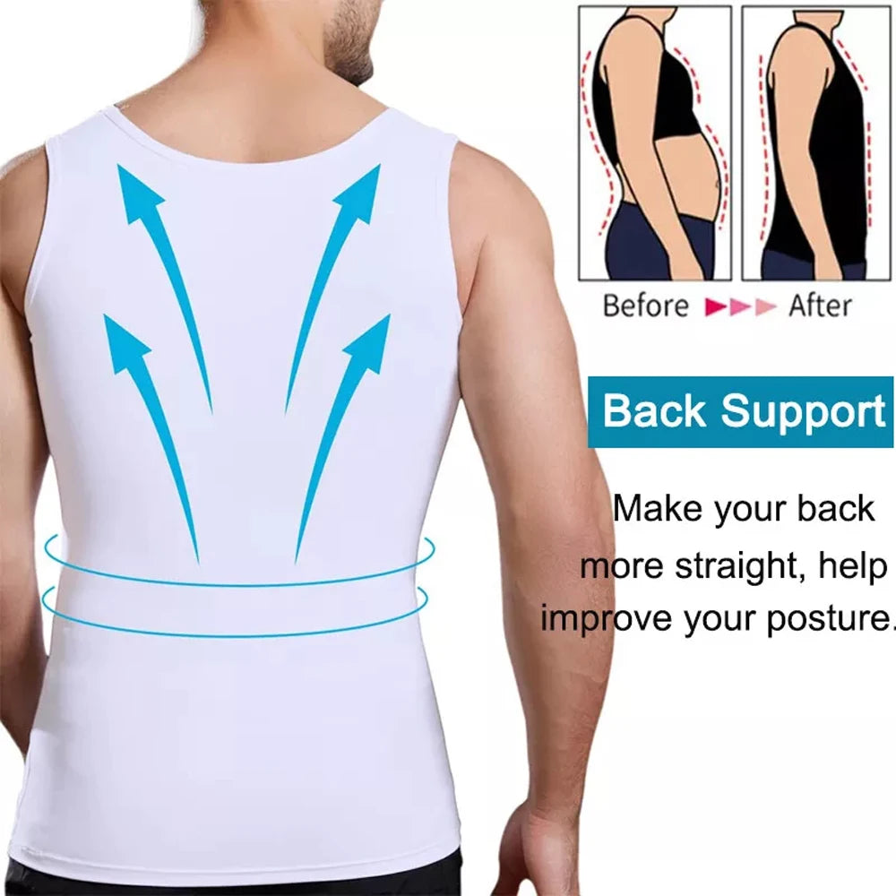 Men's white back-support compression body shaper tops (2-pack) with tummy control
