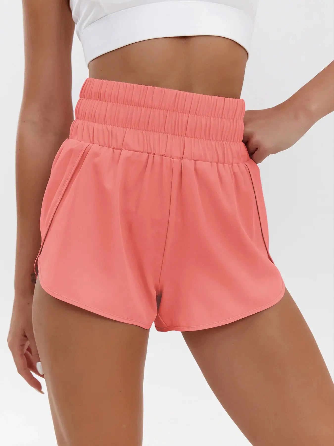 Women's coral pink high-waist shorts with elastic waistband, quick-drying sporty casual wear by Simples Market