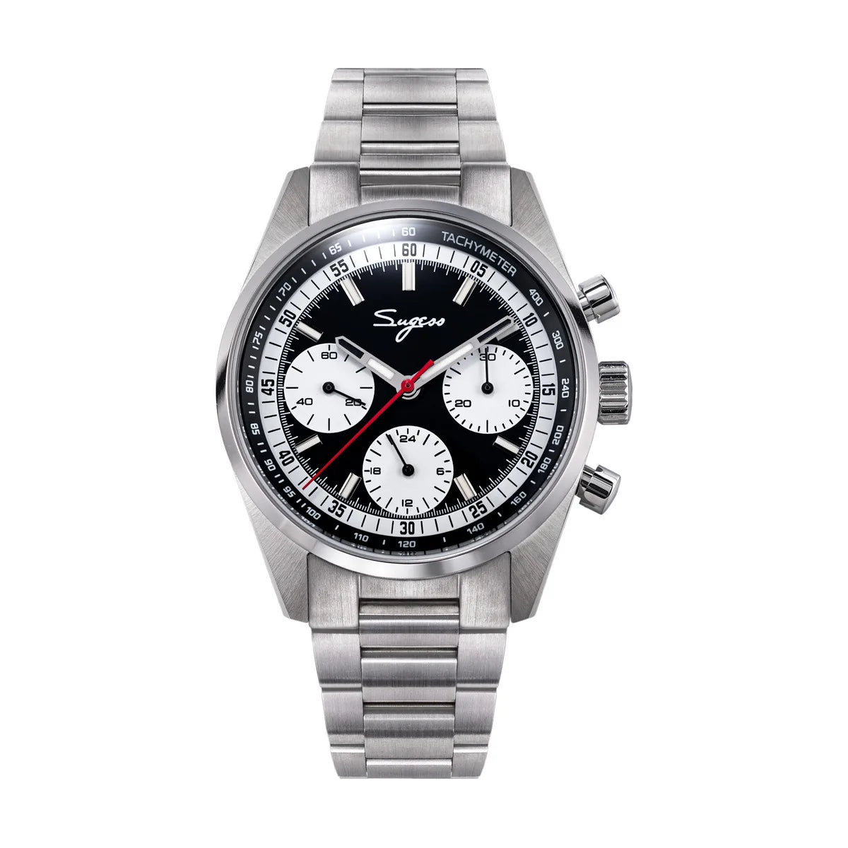 Sugess men's chronograph watch with stainless steel bracelet, black dial, white subdials, tachymeter bezel
