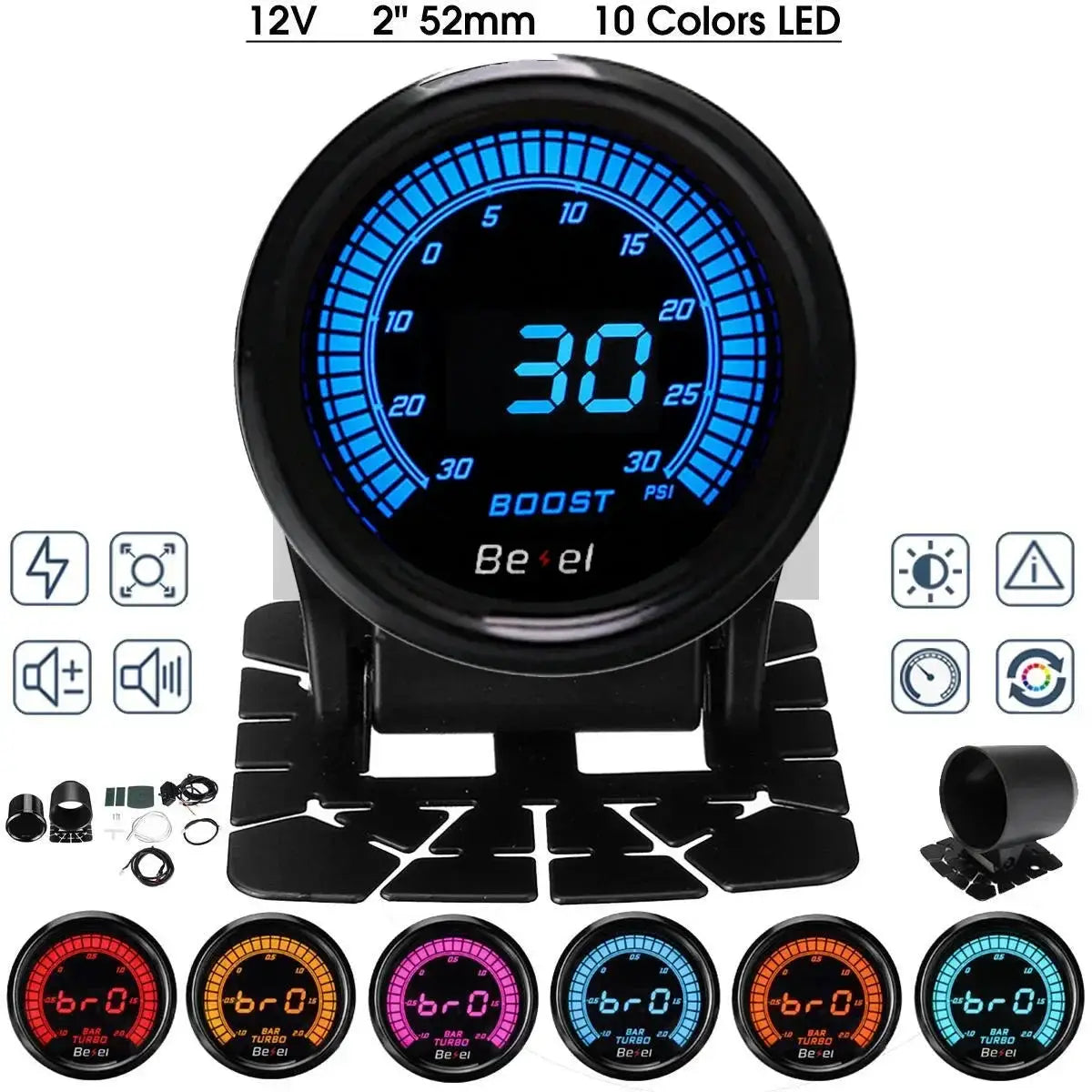 52mm Boost gauge car meter with blue LED display and 10-color options, Bezel