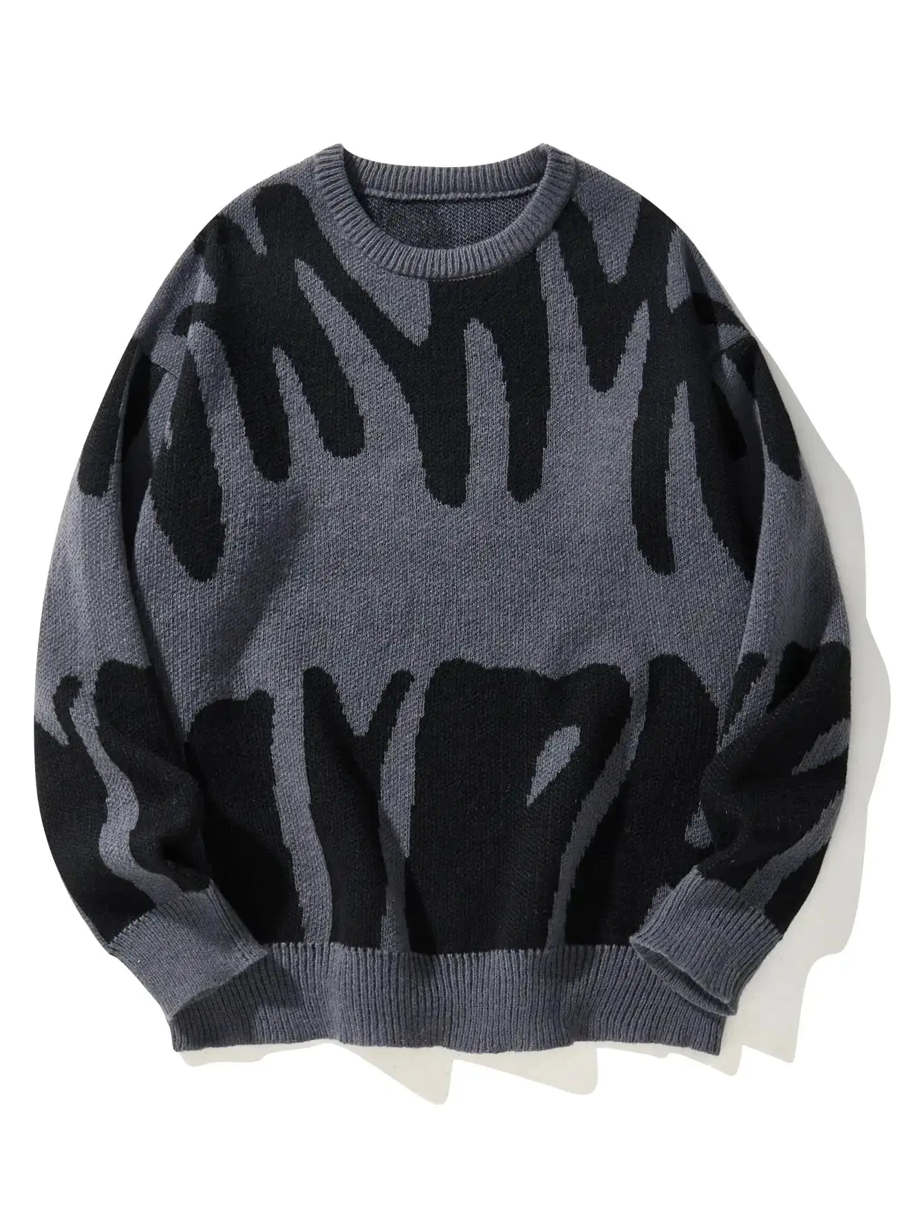 Men's pullover sweater with irregular jacquard pattern in charcoal and black, knitted crew neck.