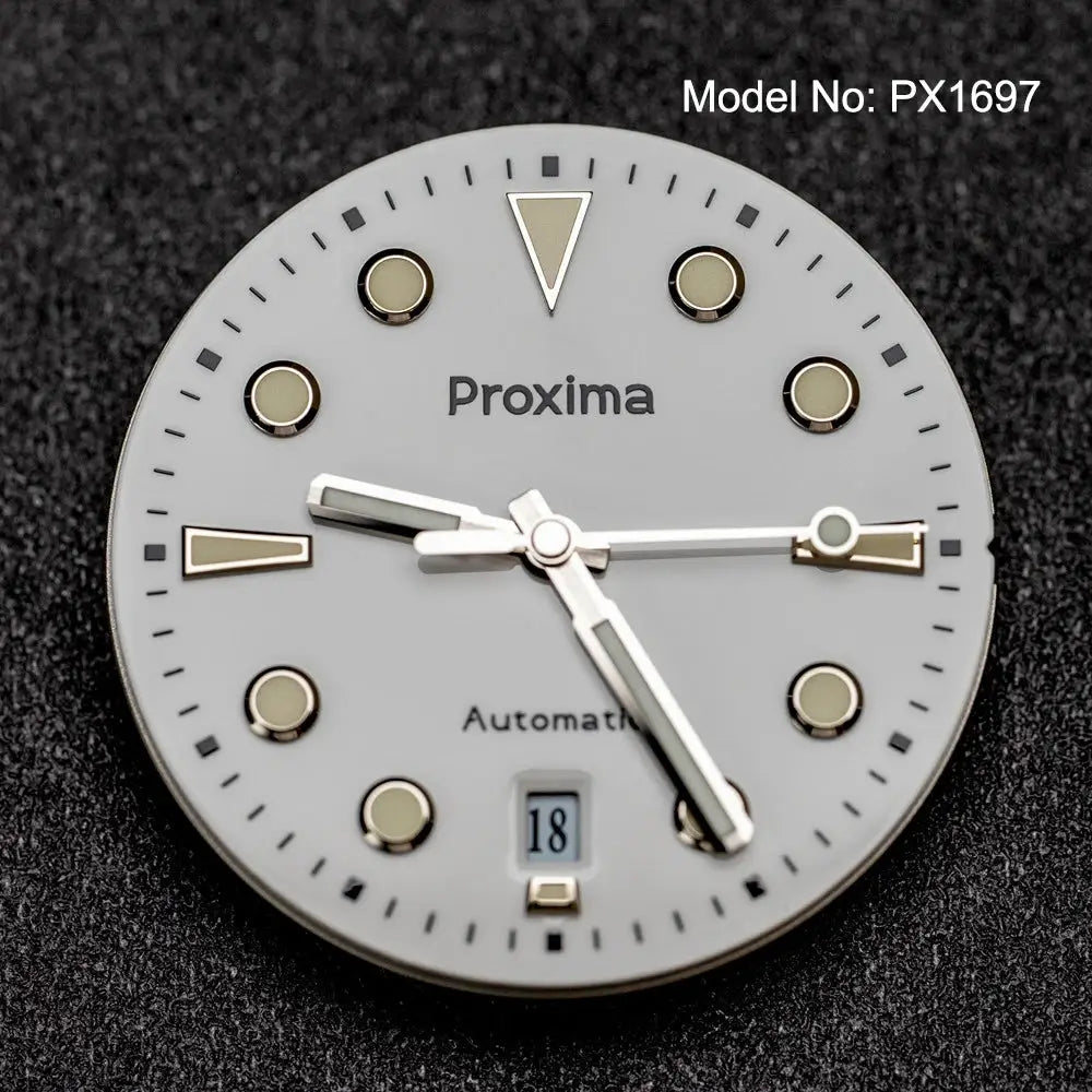 Proxima PX1697 men's 39mm watch with white enamel dial, luminous markers, date window, automatic.