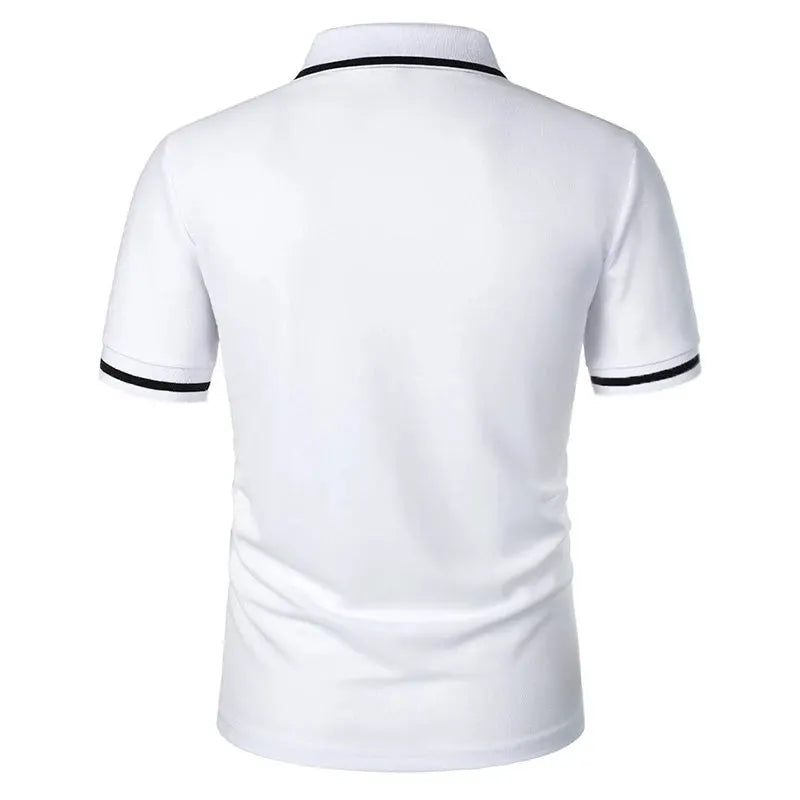 Men's short-sleeve polo shirt, white with black collar and sleeve trim, back view