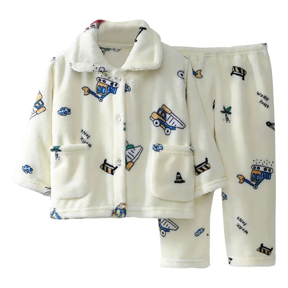 Cute Cartoon Pattern Coral Fleece Flannel Pajama Sets For Boys And Girls Long Sleeve Warm Comfortable Winter Sleepwear