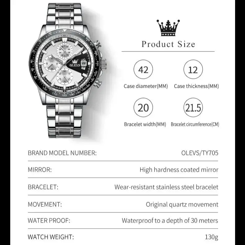OLEVS TY705 men's stainless steel chronograph watch with luminous dial and tachymeter bezel
