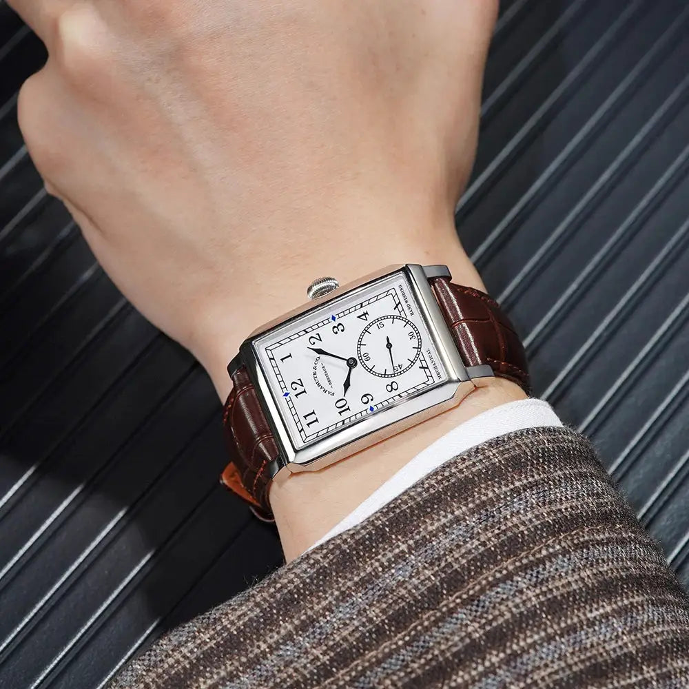 FARASUTE square mechanical men's wristwatch with white dial, stainless steel case and brown leather strap