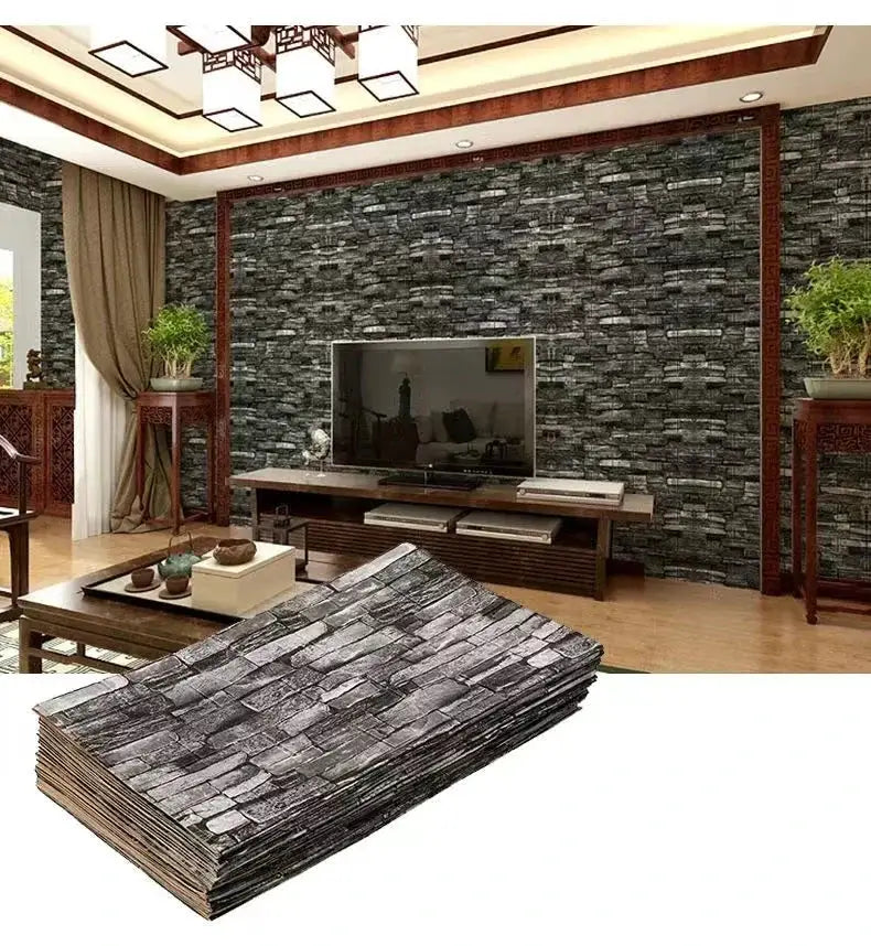 3D self-adhesive brick wallpaper sheets; waterproof gray stone wall covering for living room and bedroom decor