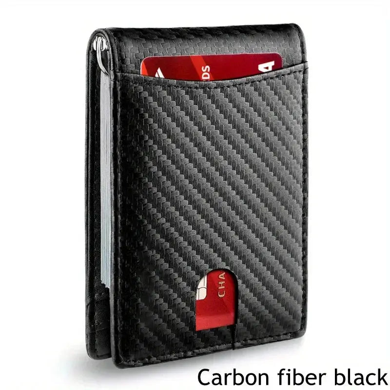 Slim RFID-blocking wallet for men in carbon-fiber black synthetic leather cardholder