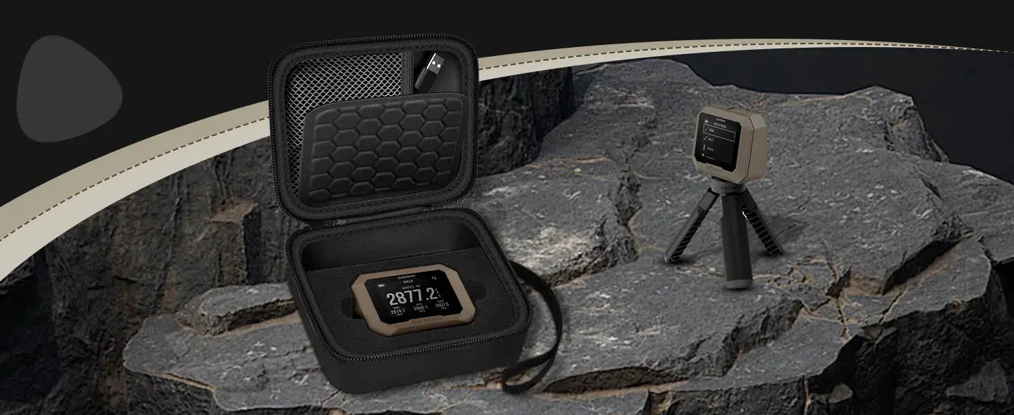 Storage case for Garmin Xero C1 Pro/Xero C2 Chronograph by Simples Market; black zippered case with foam insert.