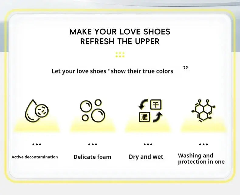 Simples Market shoes cleaner foam infographic with four icons: active decontamination, delicate foam, dry and wet