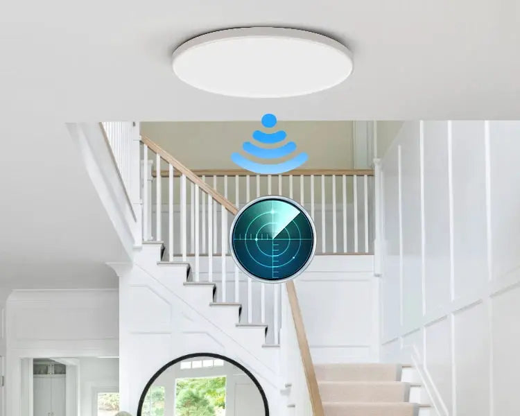 Radar motion sensor LED ceiling light by Simples Market in a white modern hallway near a staircase.