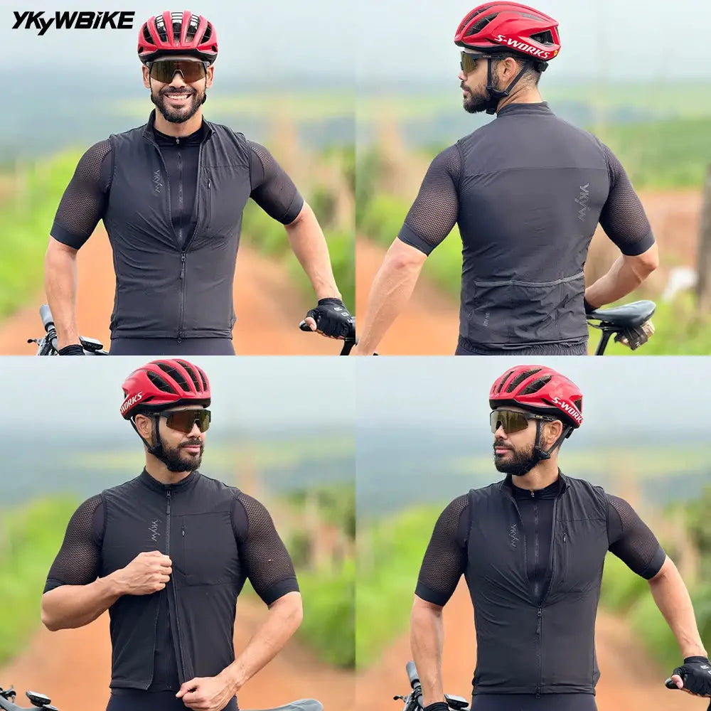 YKYWBIKE men's cycling windbreaker sleeveless vest, black with front zipper