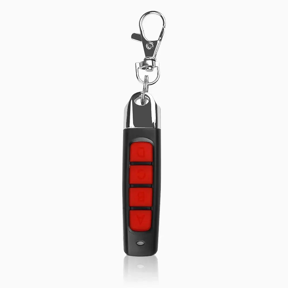 433MHz garage door remote key fob with black housing and four red vertical buttons on a metal keychain.