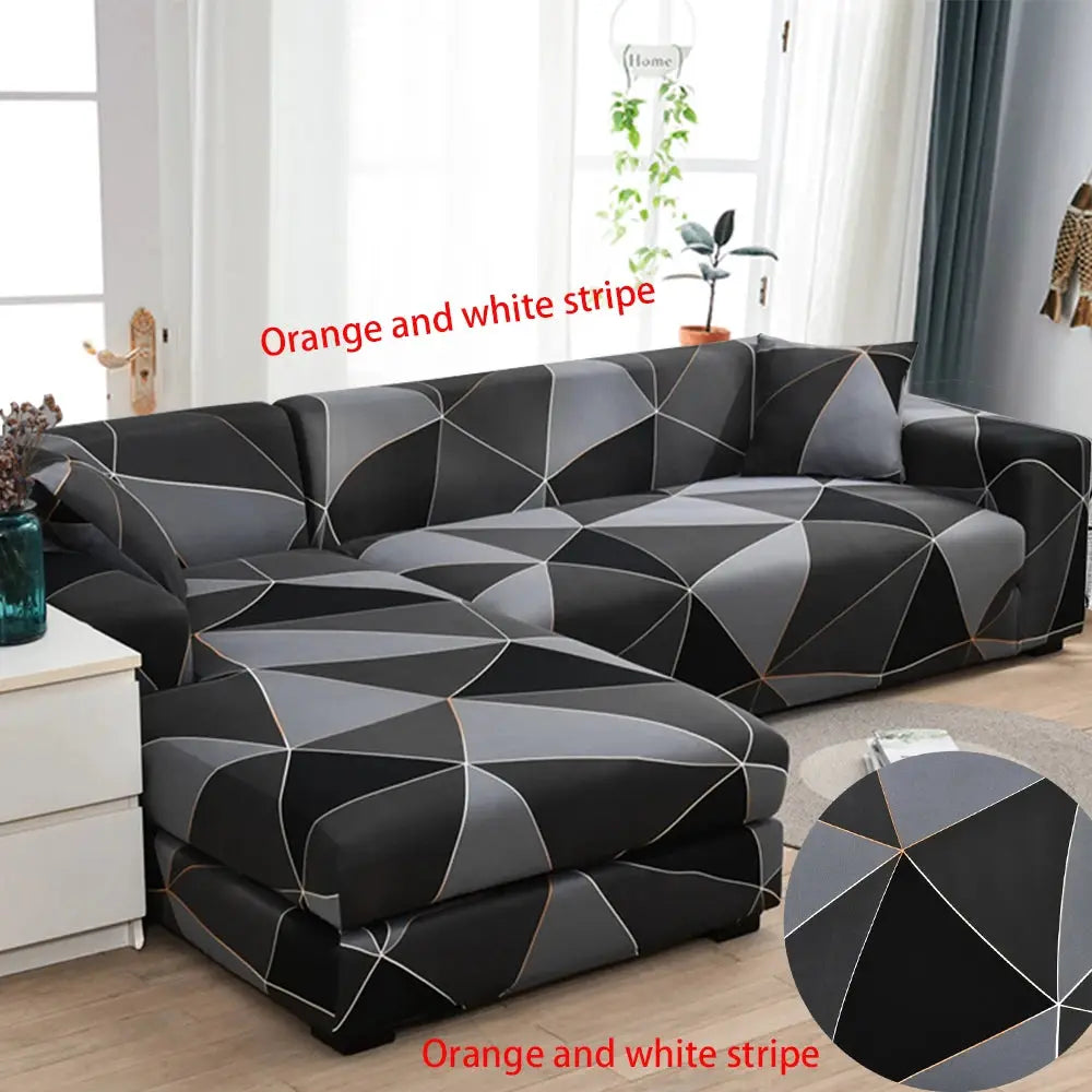 L-shaped sofa cover in geometric orange-gray print; stretch elastic slipcover for living room sectional