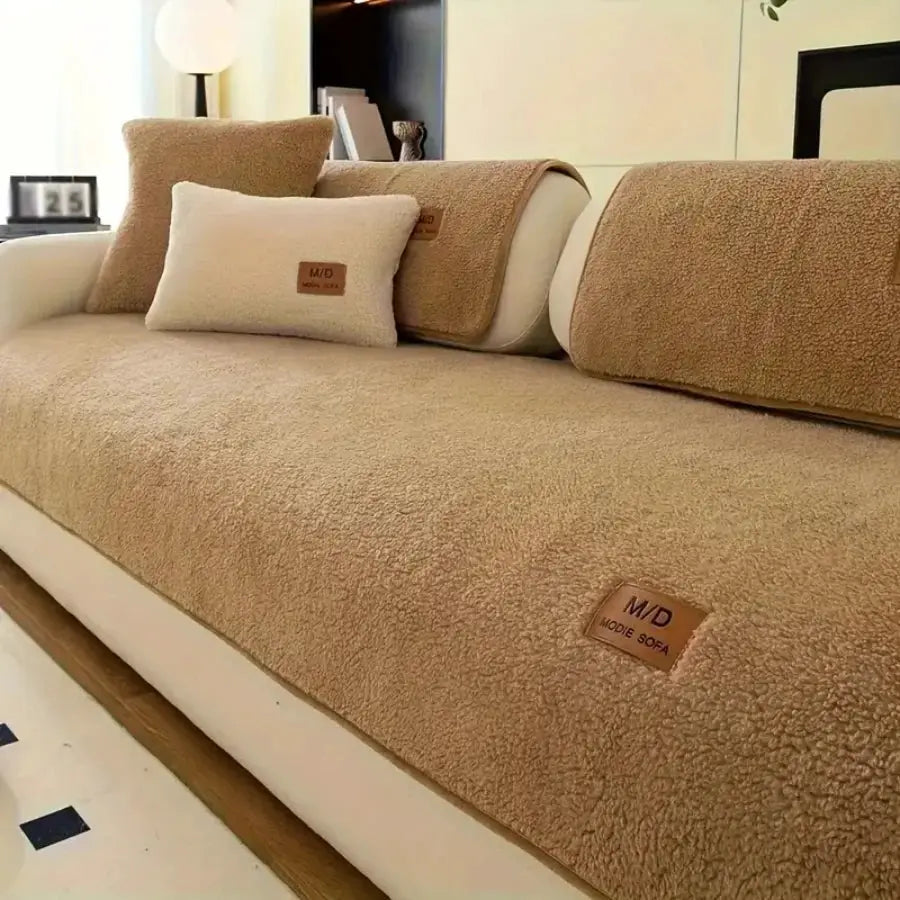 Solid sherpa sofa cover by Simples Market in beige-brown with PU label decor, anti-slip