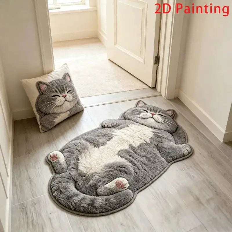 Cat-shaped area rug and matching cat pillow, plush gray with white belly, cozy living room decor