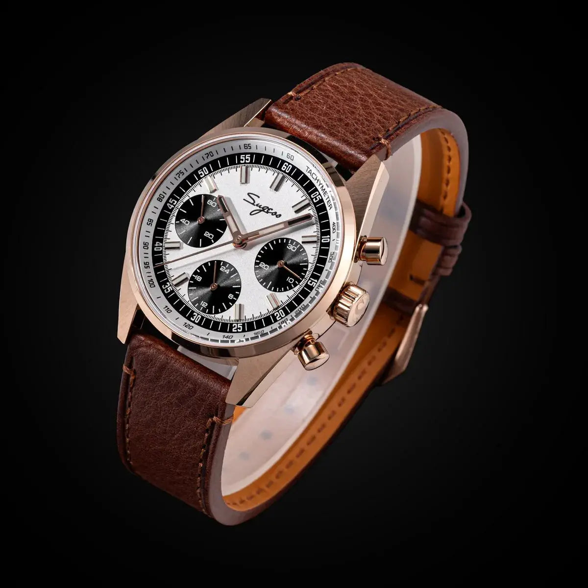 Sugess men's 38mm chronograph watch with rose-gold case and brown leather strap