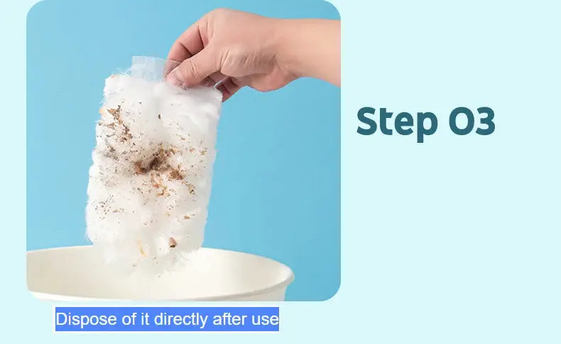 Extended pole dust collector by Simples Market, white disposable fiber cloth with dirt, being disposed after use.