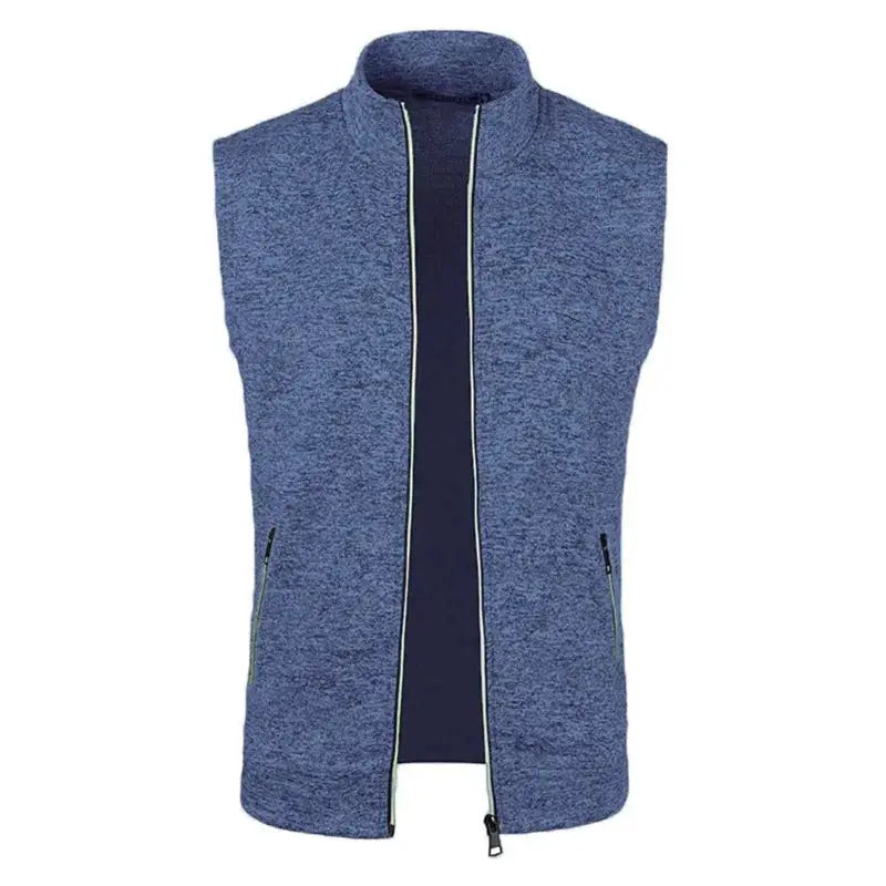 Blue men's sleeveless full-zip vest with stand collar, lime piping, and side pockets.