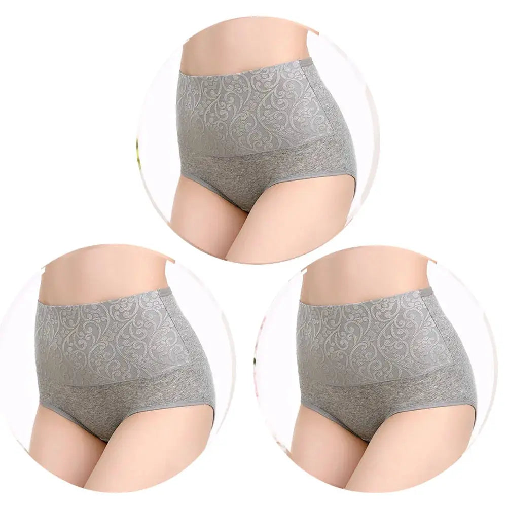 3Pcs Plus Size high-waist women's cotton panties set in gray with floral pattern