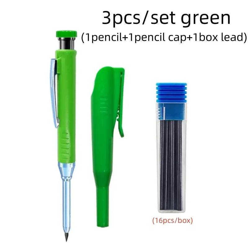 Simples Market green 3-piece carpenter pencil set with 1 mechanical pencil, cap, and 16 lead refills
