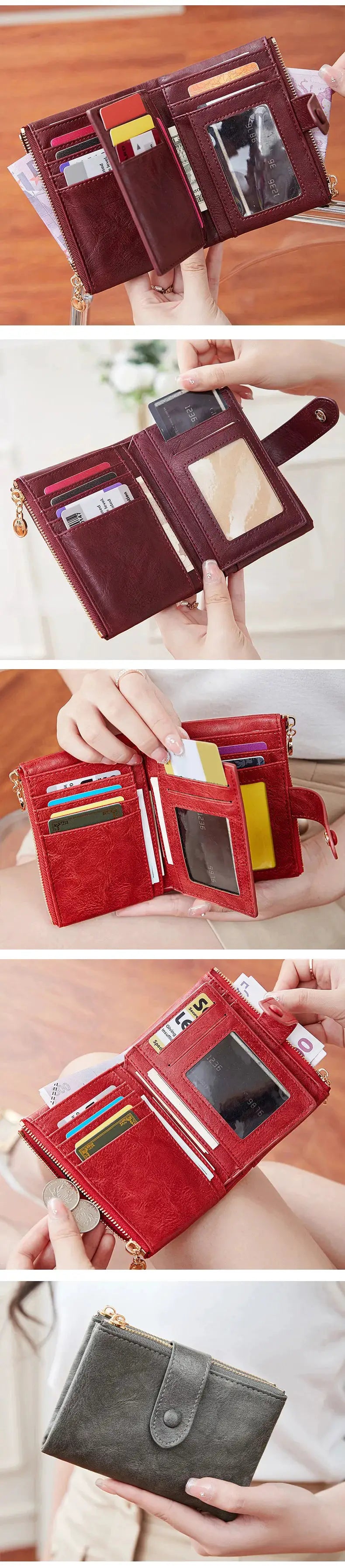 Simples Market minimalist women's wallet in burgundy with multiple card slots, ID window, and double-zipper closure
