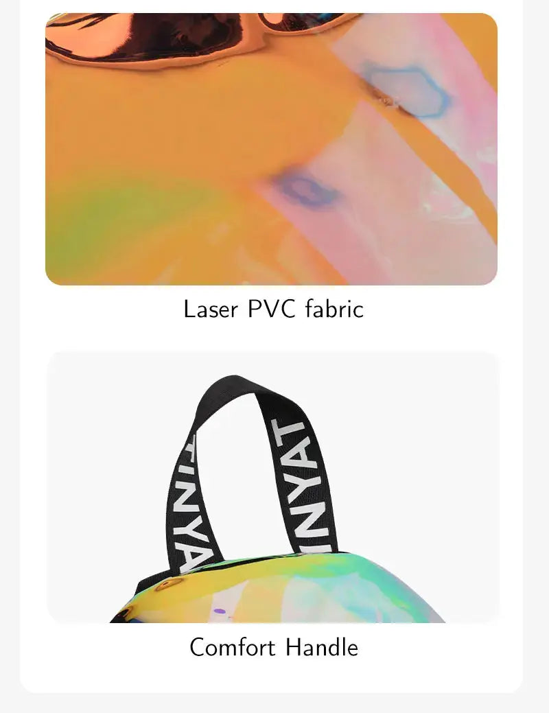 TINYAT clear PVC backpack with rainbow laser fabric and a black comfort-handle strap