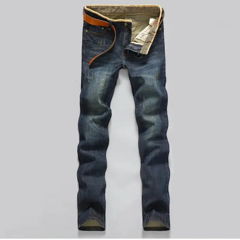 2025 casual jeans for men, Simples Market, straight-leg stretch denim in dark blue with belt.