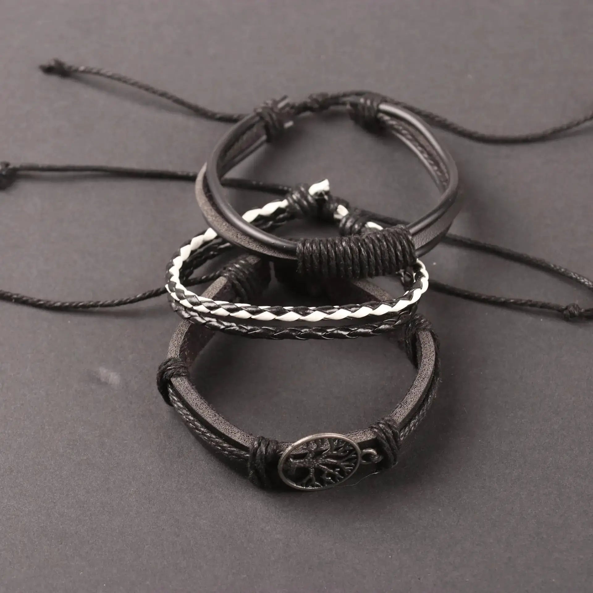 Tree Of Life Four Piece Leather Bracelet Set For Men With Alloy Accents And Wooden Beads Handwoven