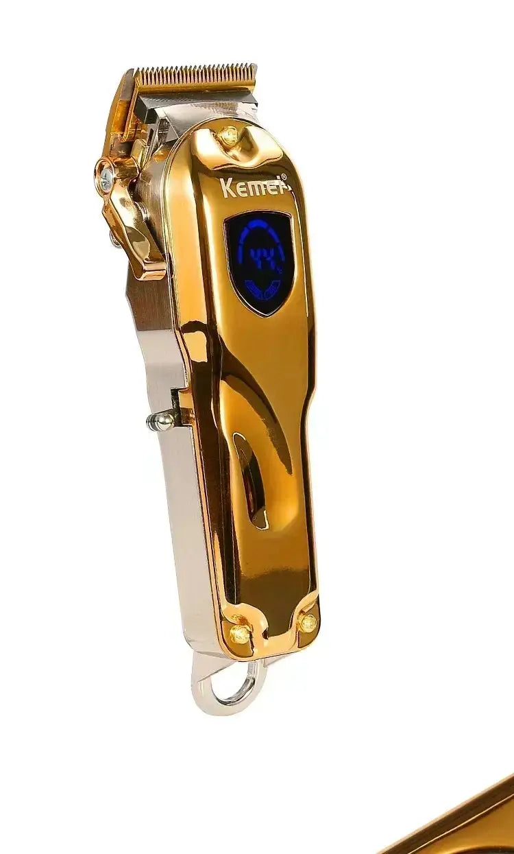 Kemei hair clipper KM-TX1 with gold/silver metal body and blue digital display