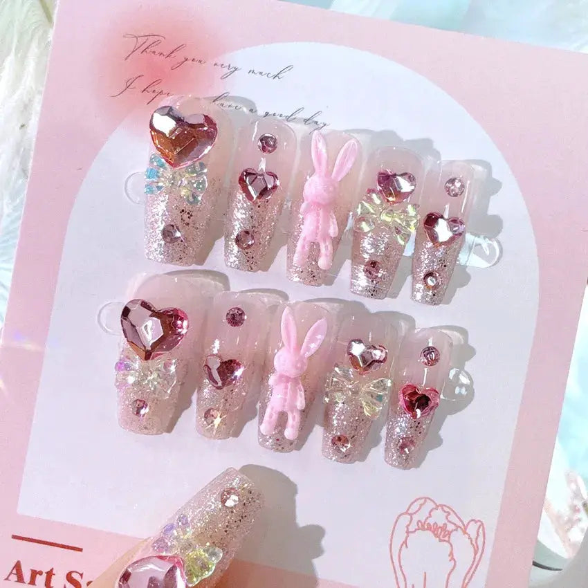 LuxeNail Blush Pink False Nails Bowknot Diamond Pearl Design Press On Nail Tips Harmless Smooth Edge Safe DIY Mani
