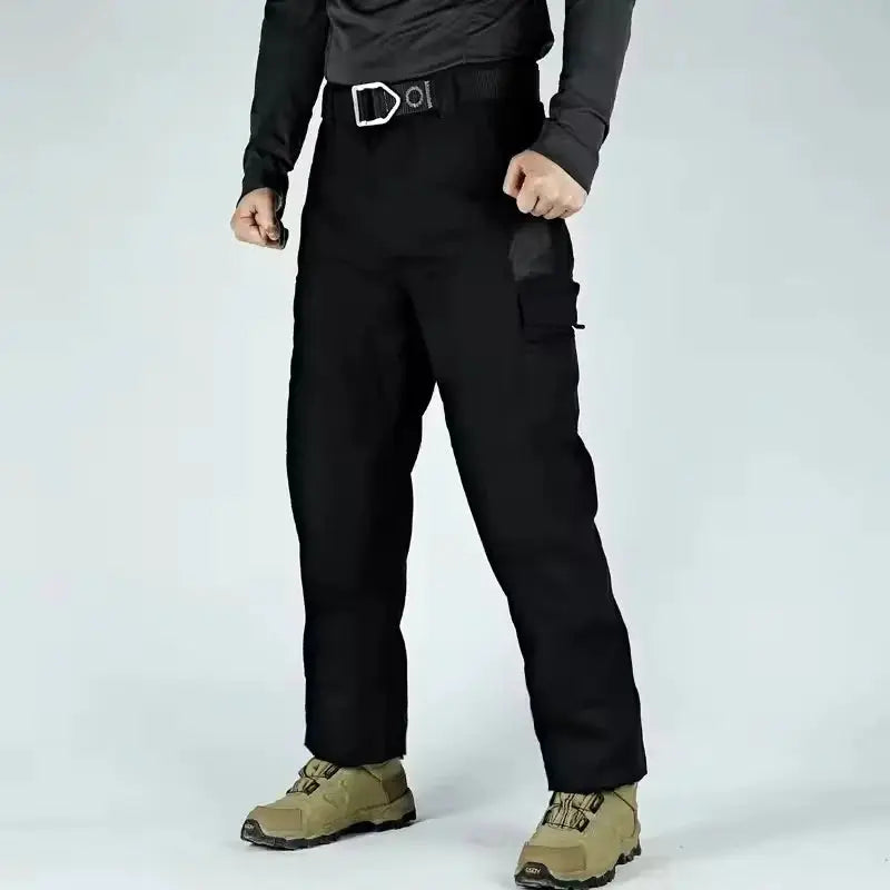 Multi-pocket work pants by Simples Market, men's waterproof cargo pants, black straight-leg for outdoor hiking.