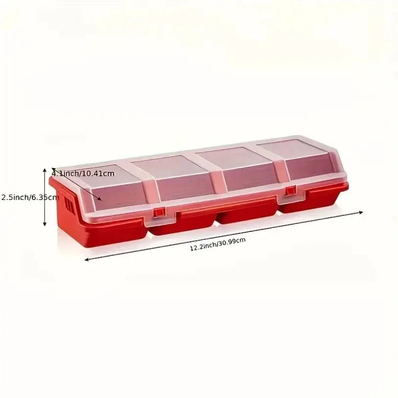 Red plastic multi-compartment organizer box for screws and small parts