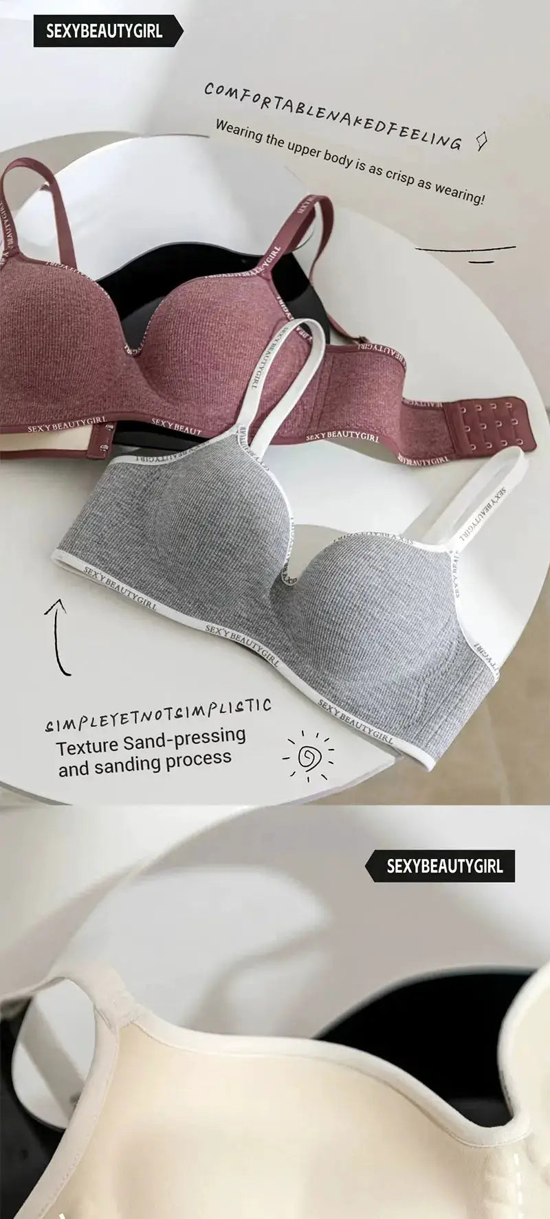 Three SexyBeautyGirl seamless bras in mauve pink, gray, and nude