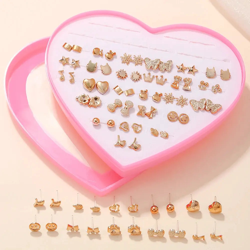 36-pair gold-tone stud earrings in a pink heart case; cat, butterfly, snowflake, star designs by Simples Market