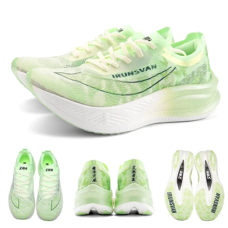 IRUNSVAN nylon carbon-plate marathon running shoes in neon green with white midsole