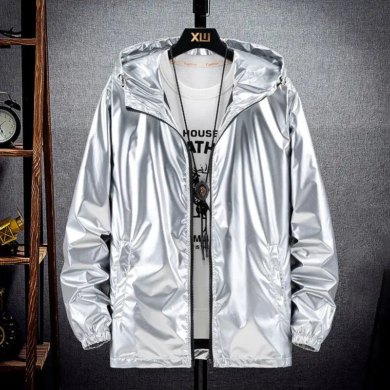 Men's shiny silver hooded bomber jacket with zipper, lightweight waterproof windbreaker.