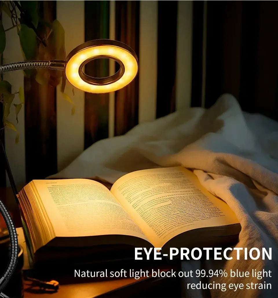 LED desk clip lamp with ring light, black finish, USB-powered, flexible neck for bedside reading
