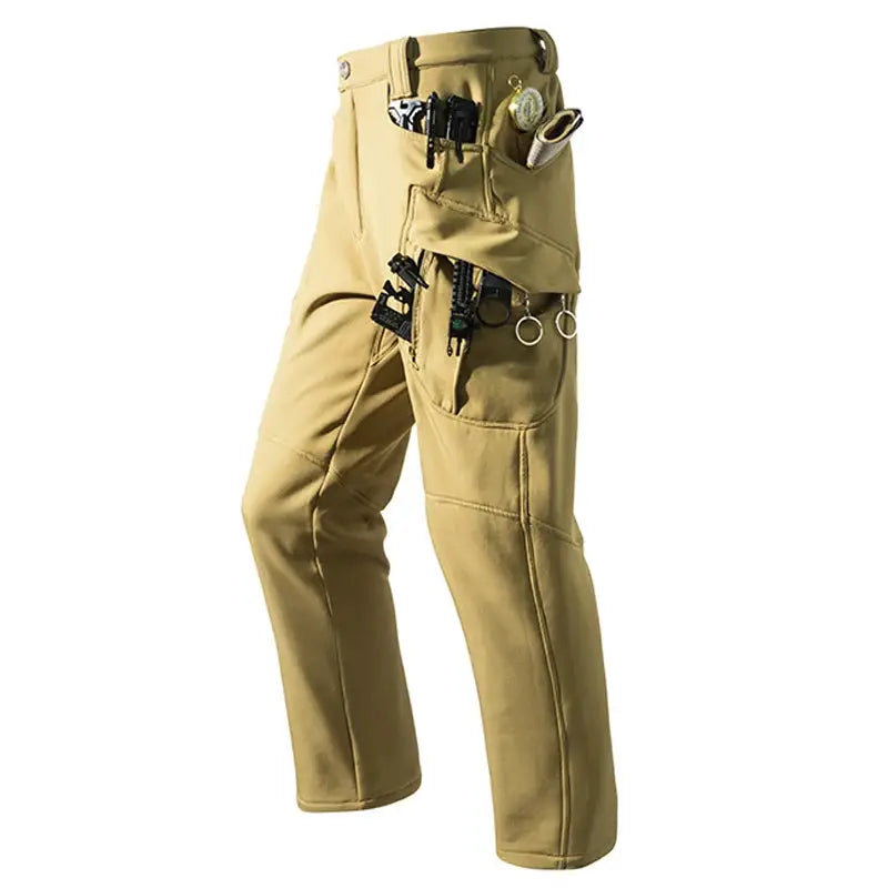 Men's khaki cargo fleece softshell hiking pants with tool pockets, Simples Market, M-5XL.