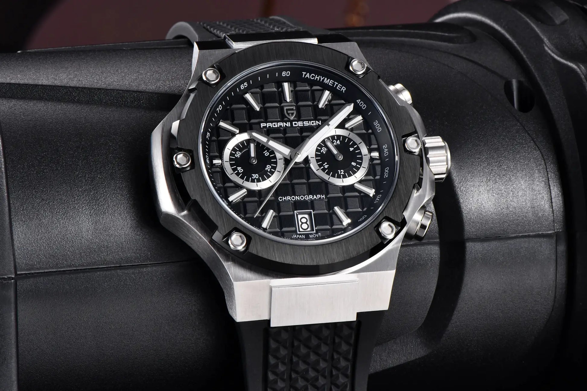PAGANI DESIGN men's chronograph watch with black dial, tachymeter bezel and textured rubber strap