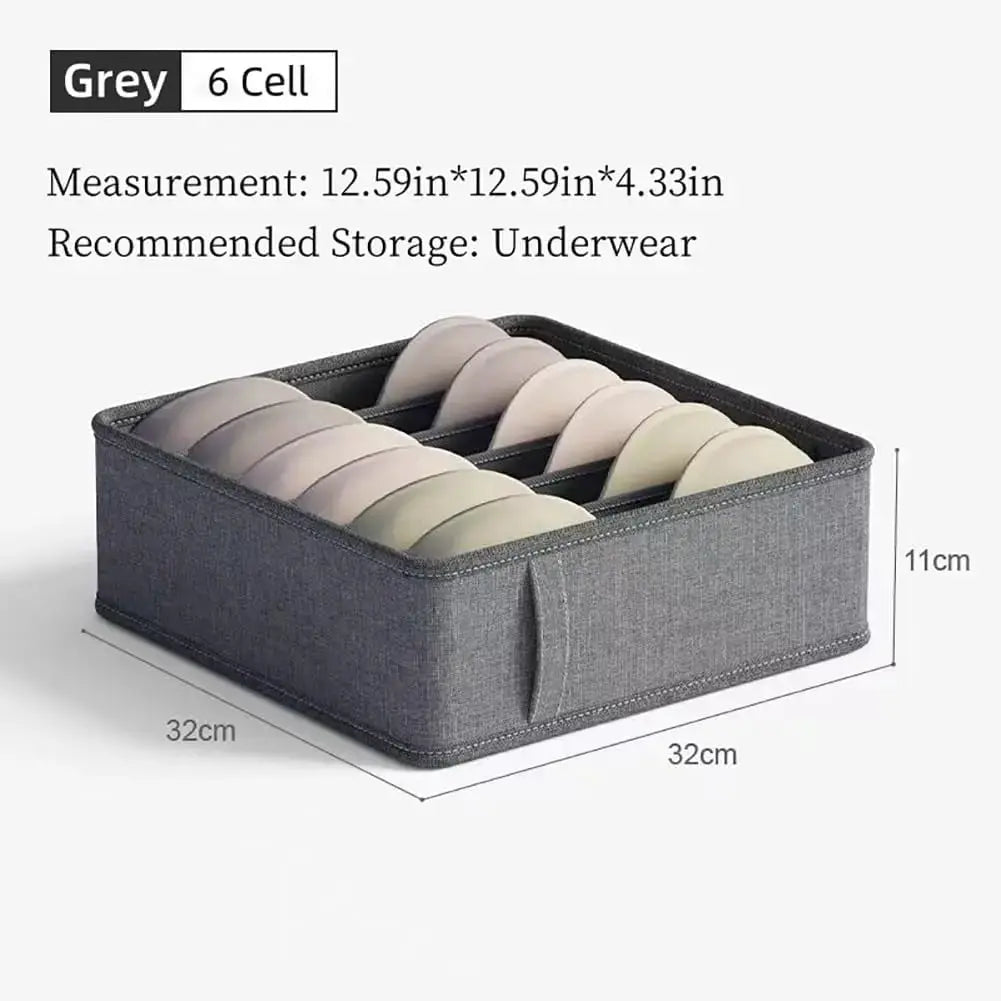 Gray six-cell underwear organizer in fabric, closet drawer storage box with 32x32x11 cm dimensions.